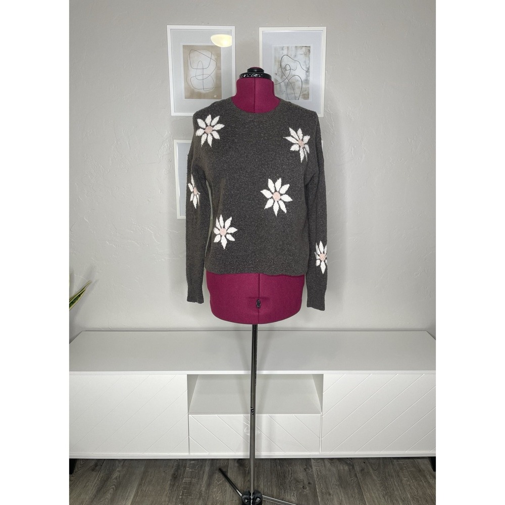 Madewell Intarsia Sweater Women's M Gray Floral Pullover Wool Blend Lightweight